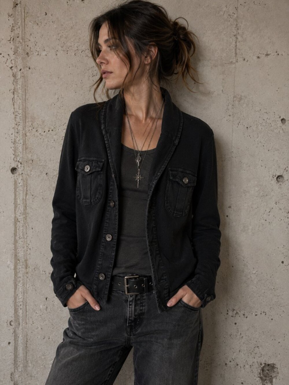 Truth Substance Black Shawl Collar Utility Cardigan Jacket | Cotton | Medium